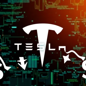 Dramatic representation of Tesla logo with financial decline symbols.