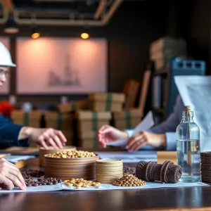 Illustration of trade negotiations with a focus on fossil fuels and tariffs.