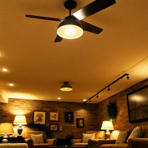 A beautifully lit basement featuring layered lighting options for comfort and functionality.