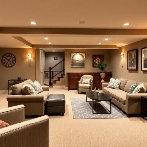 Cozy finished basement with modern decor