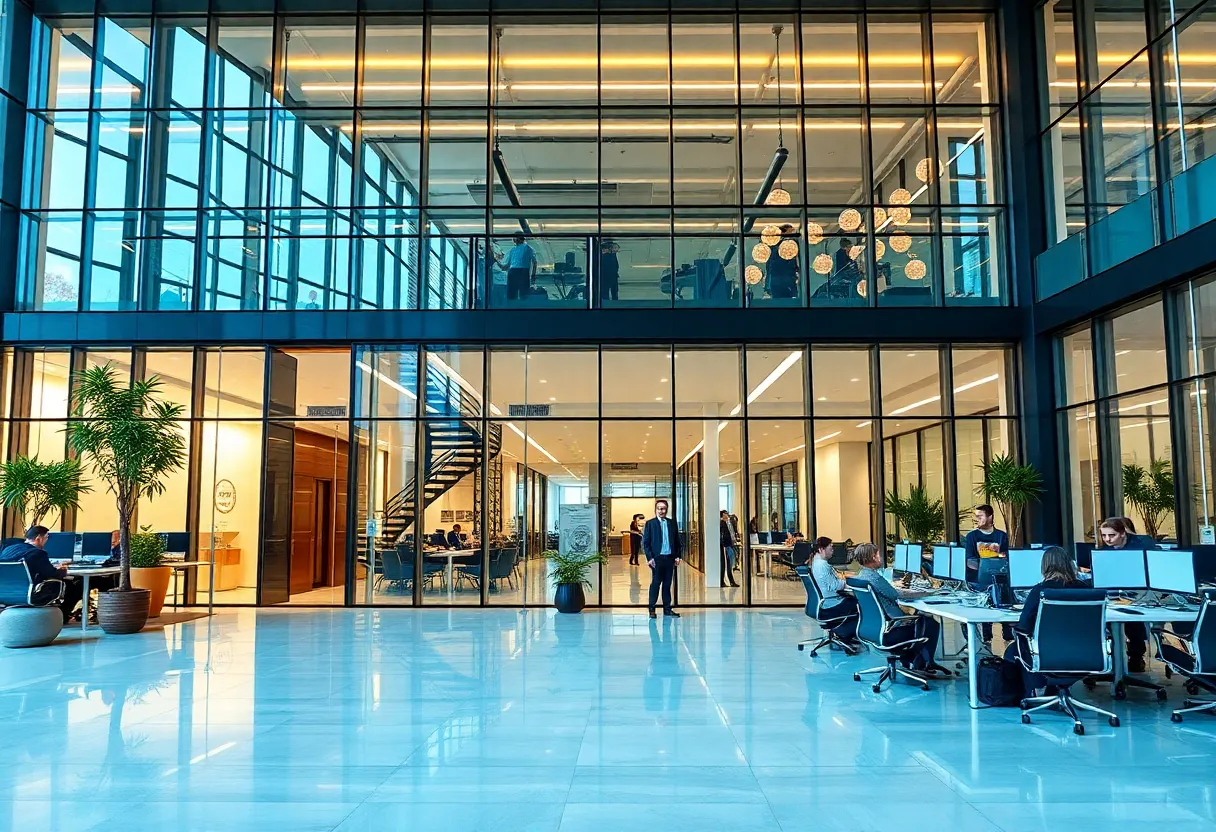 Rendering of the new Mercedes-Benz headquarters in Atlanta with employees in a collaborative workspace.