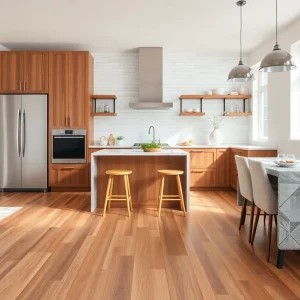 A modern kitchen showcasing various durable and stylish flooring choices.