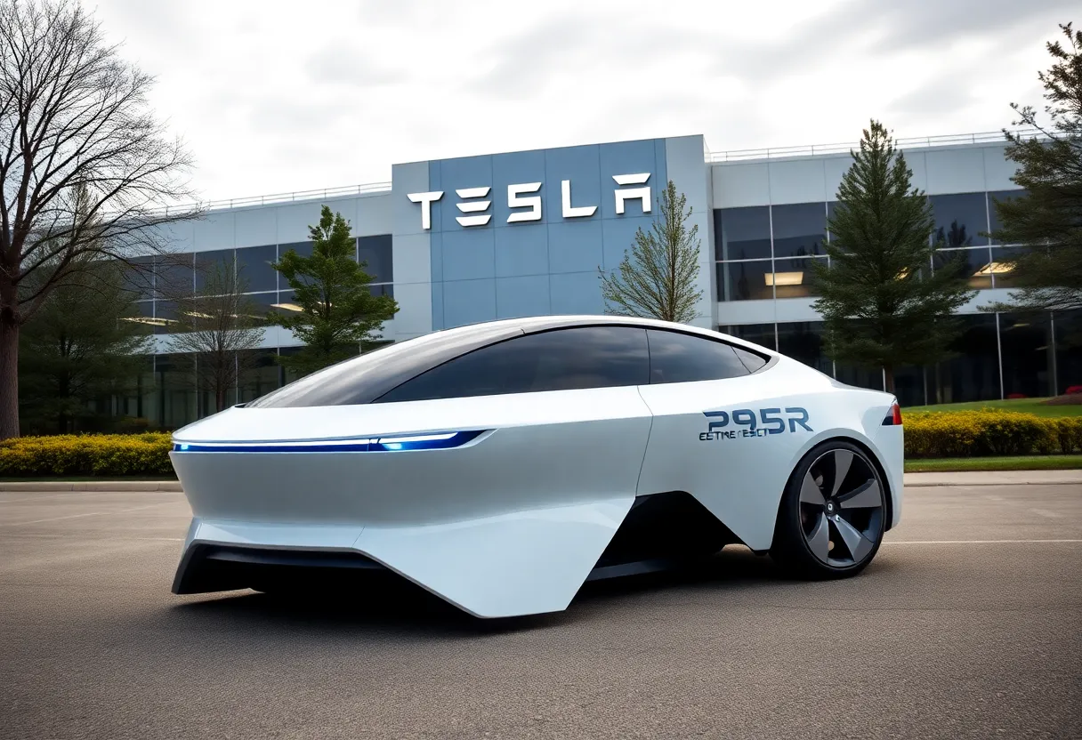 Futuristic Tesla electric vehicle in front of Tesla headquarters