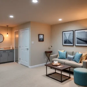 A cozy and functional guest suite in a remodeled basement.