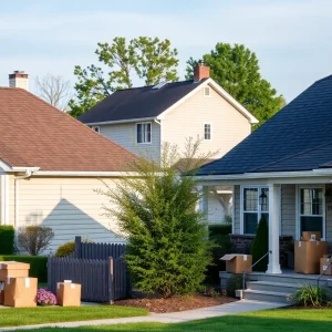 A neighborhood scene with delivery packages on doorsteps