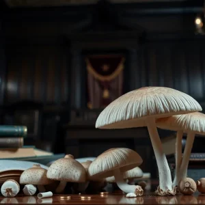 A tense courtroom during a murder trial with legal books and mushroom illustrations.