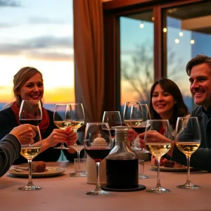 A joyful family gathering enjoying wine together during sunset.