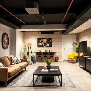 Finished basement with modern minimalist and industrial chic design elements