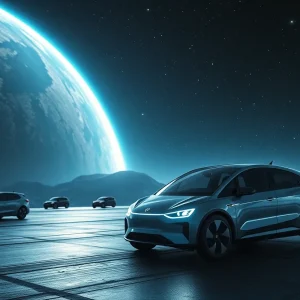 An artistic representation of space exploration with electric vehicles under a starry sky.