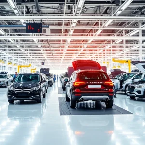 Inside view of a GM manufacturing plant with assembly lines and workers.