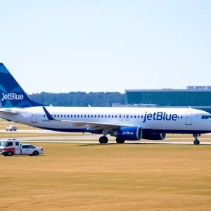 JetBlue aircraft off runway with emergency vehicles nearby