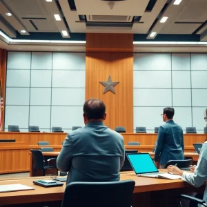 Court officials discussing case management in a modern courtroom.