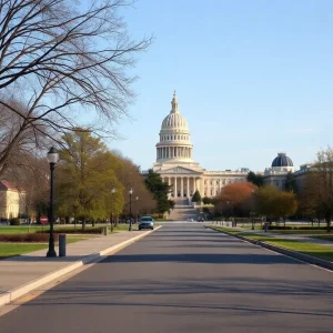 View of Lansing, Michigan cityscape with government buildings.