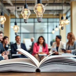 Abstract illustration of leadership topics featuring open books and engaging discussions.