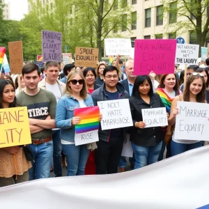 Diverse group rallying for marriage equality with banners.