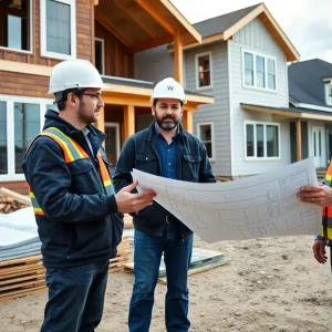 A construction site in Michigan with builders discussing energy-efficient building practices