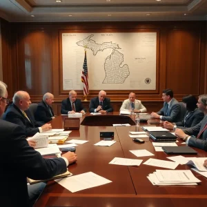 Officials in a meeting discussing Michigan election training materials
