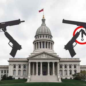 Illustration of Michigan Capitol symbolizing gun regulation.