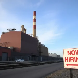 An industrial area with closed factories and job signs, portraying the impact of layoffs in Michigan.