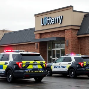 Police presence outside Michigan Lottery office during investigation.