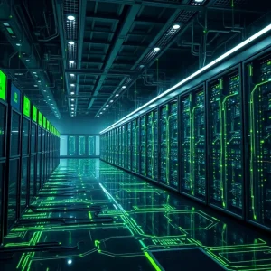 Futuristic representation of Nvidia's AI technology and data centers with GPUs.