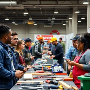 Job seekers at a skilled trades career fair interacting with employers.