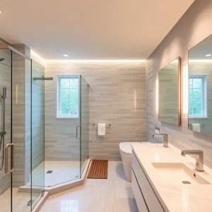 Modern bathroom design with custom tiles and sleek shower
