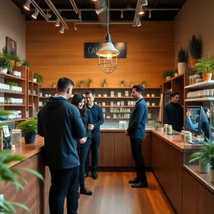Interior of Timber Cannabis dispensary showing employees interacting with customers.