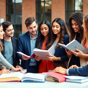 Group of diverse law students engaging in discussion on a university campus