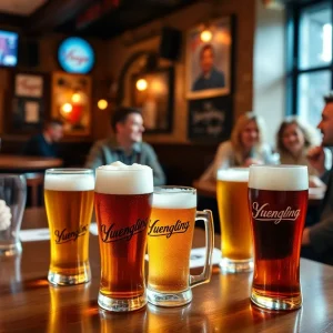 Friends enjoying Yuengling beer in a pub setting