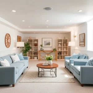 A visually appealing basement with various color schemes including soft whites and tranquil blues.