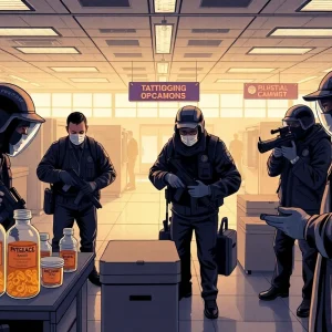 Federal agents examining packages in a lab setting related to biological materials smuggling.