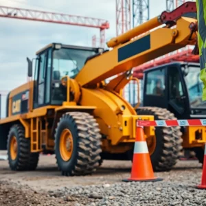 Heavy machinery at construction site with safety protocols