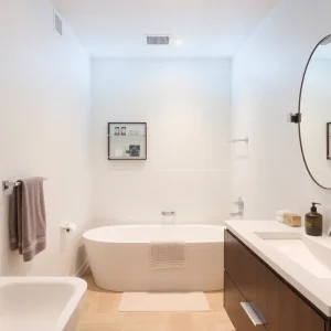 A modernly designed basement bathroom with a tub and stylish decorations.