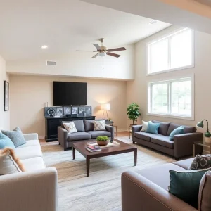 Cozy and bright remodeled basement with modern furniture