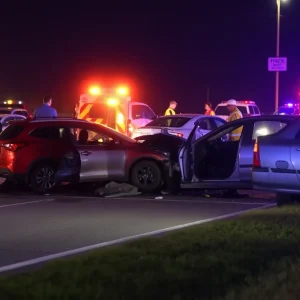 Scene of a serious car accident with emergency vehicles in Detroit