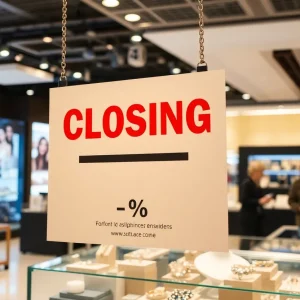 Sign announcing Claire's store closing sale with jewelry accessories around it.