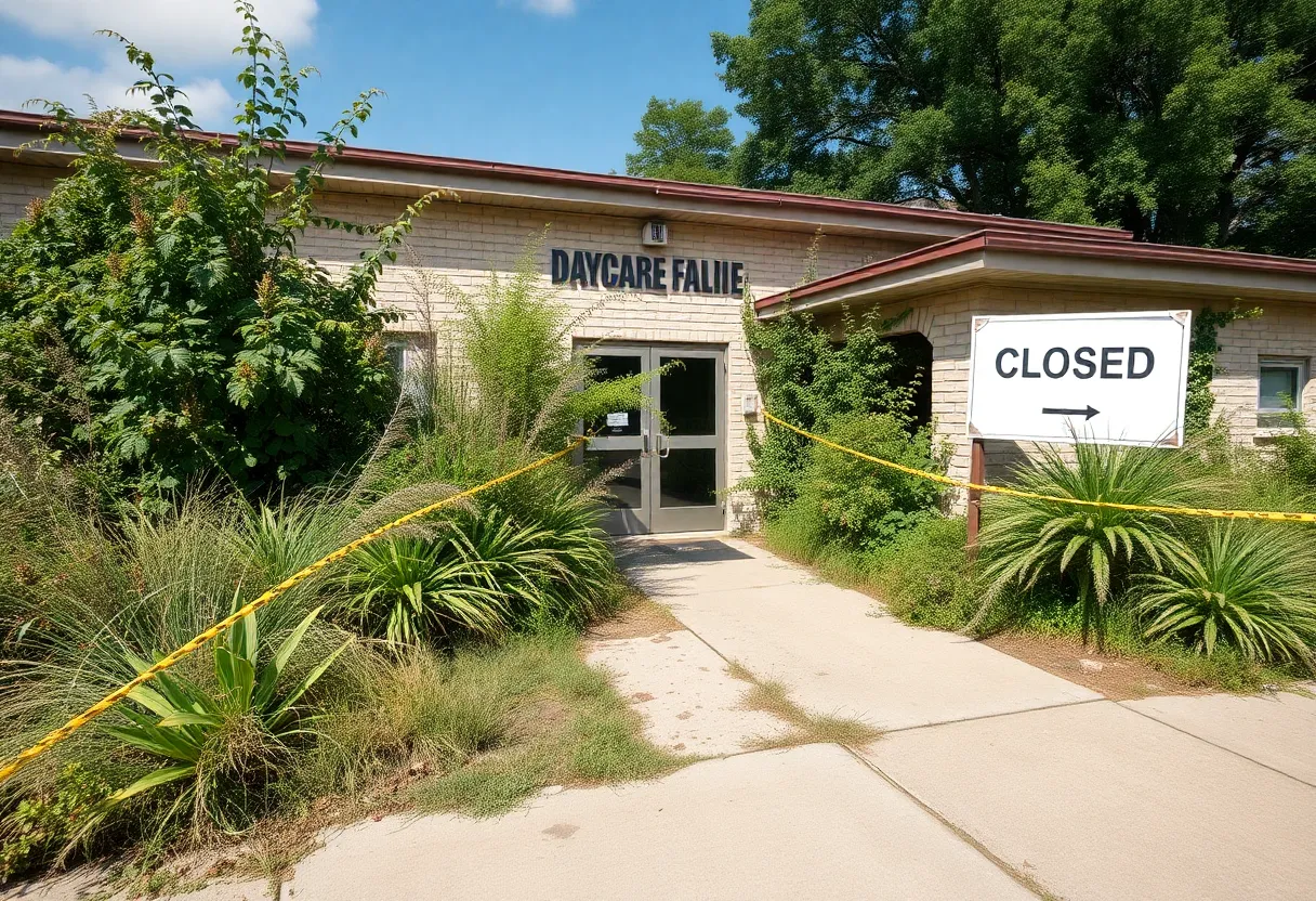 Closed daycare building with caution tape and overgrown weeds