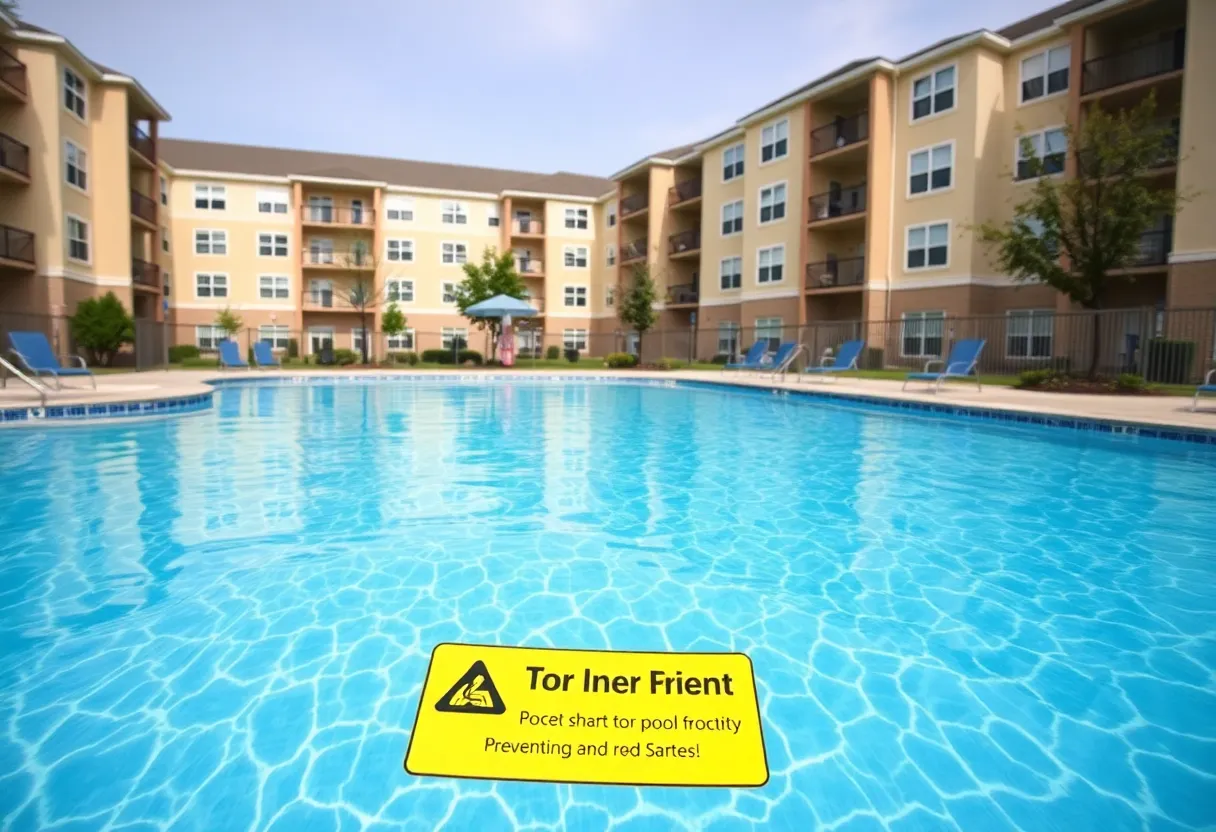 A community swimming pool showing safety signs around it.