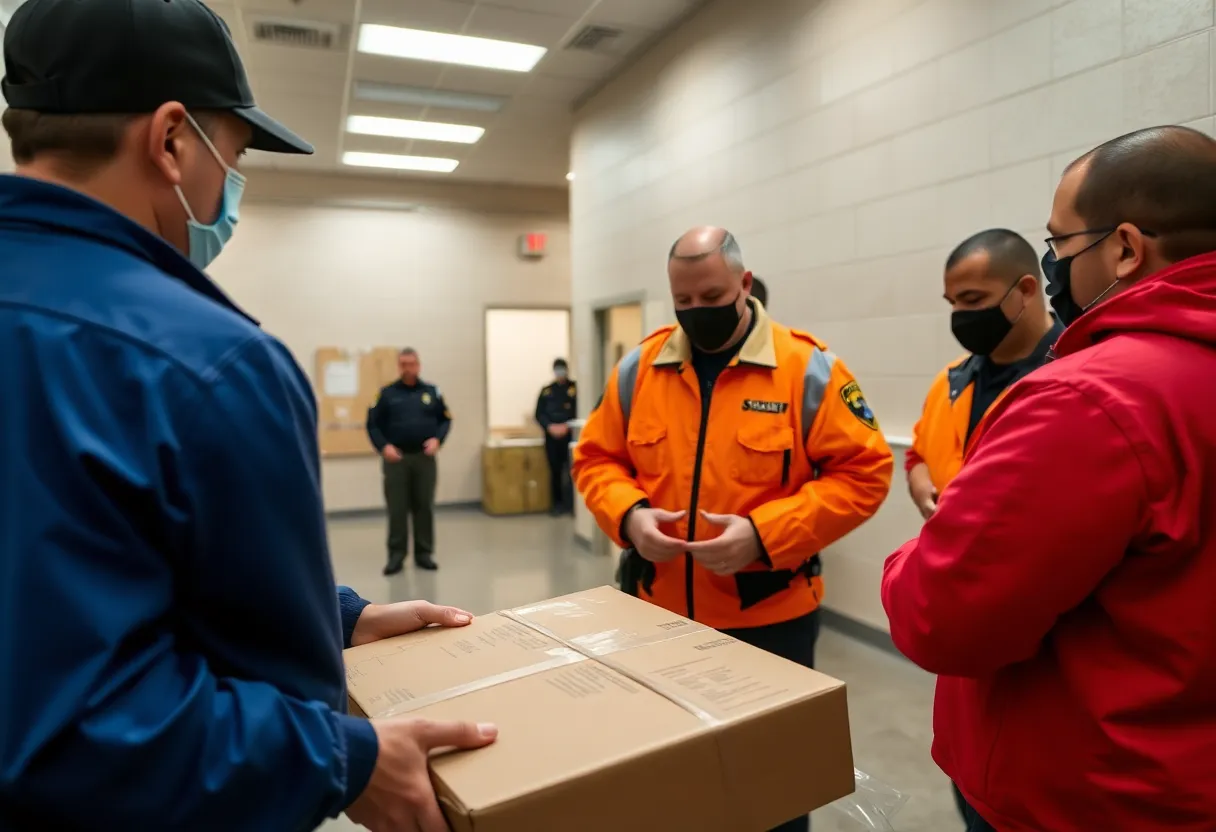 Officers inspecting a suspicious package at a correctional facility