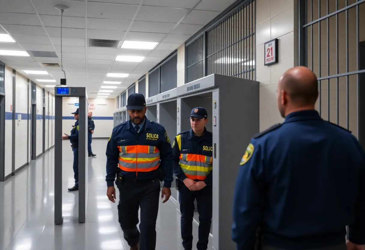 Enhanced security in a correctional facility with body scanners and officers.