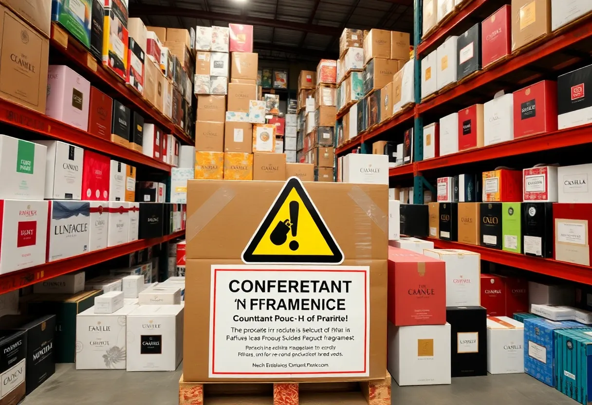 Warehouse filled with counterfeit perfume boxes