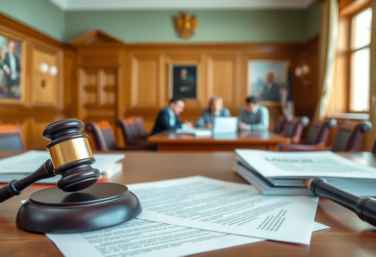A courtroom scene depicting discussions on electoral integrity and voting regulations.