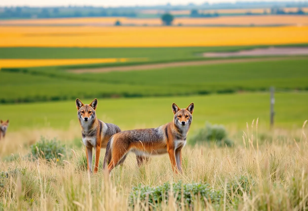 Coyotes in a Michigan landscape with agricultural fields