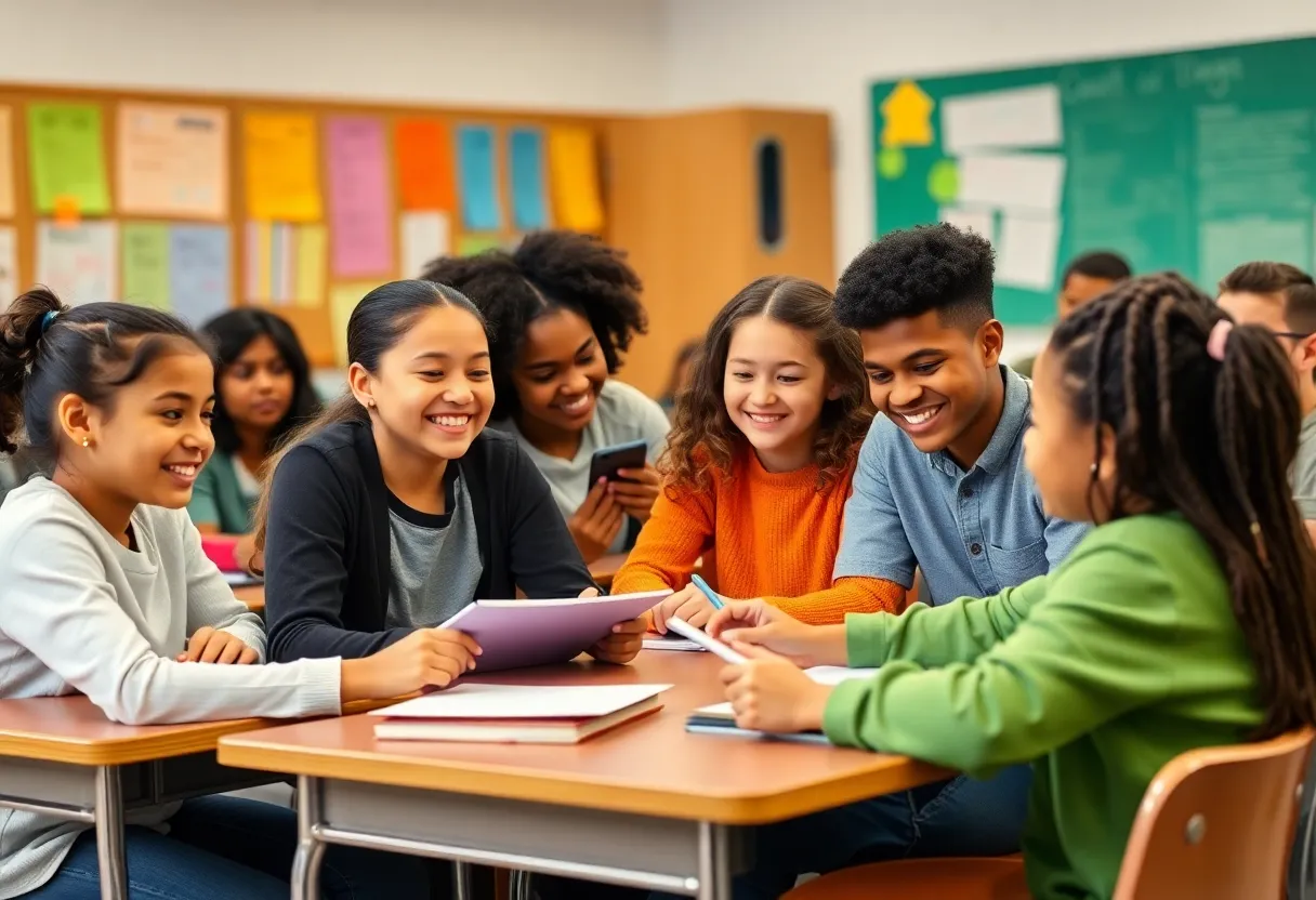 Students collaborating in a classroom at Dearborn Stem Middle School