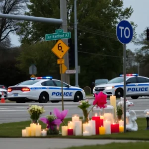 Memorial with candles at a traffic intersection in Detroit