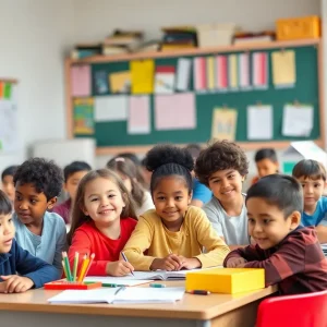 A vibrant classroom with diverse students engaged in learning.