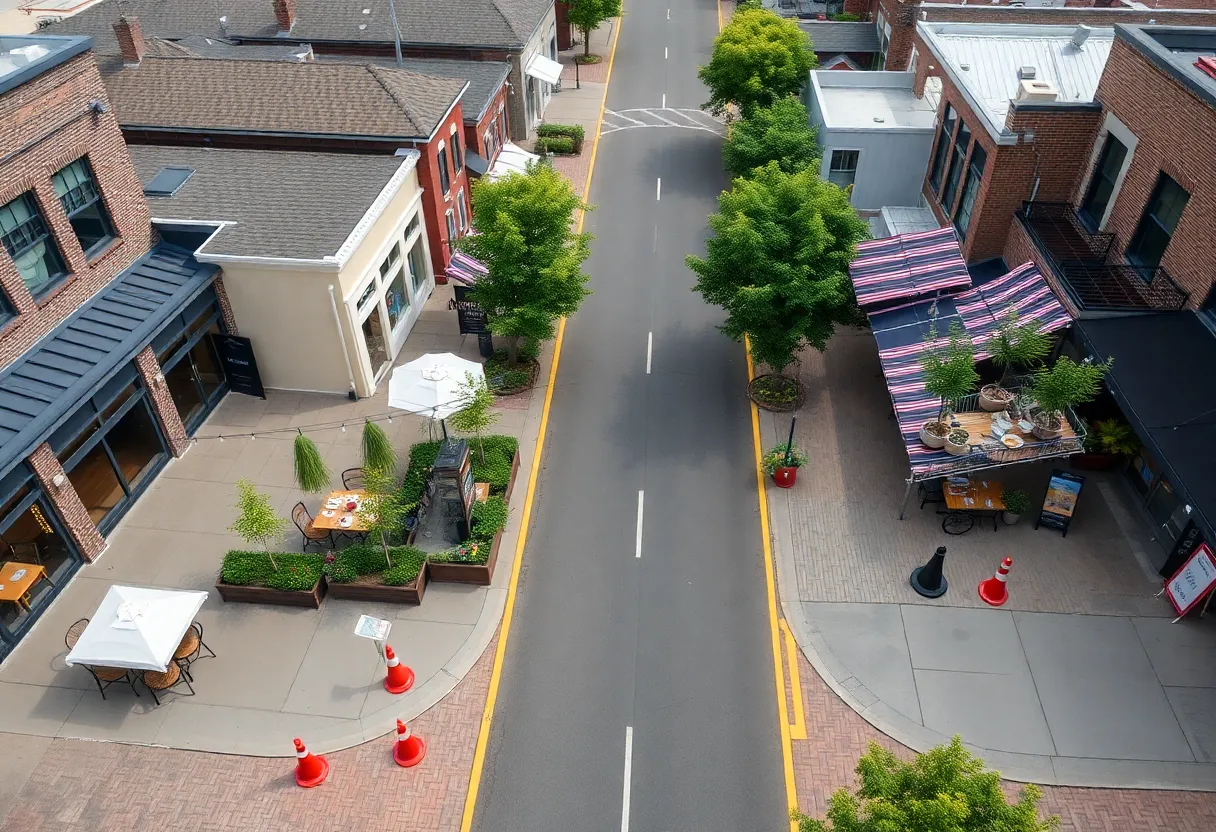 A vibrant downtown Northville with street closures for outdoor dining.