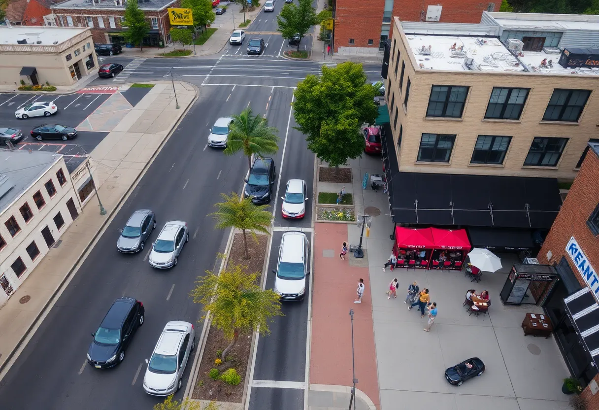 Aerial view of Downtown Northville showcasing vehicle traffic and pedestrian areas
