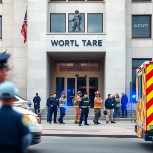 Emergency responders outside a government building during a bomb threat incident